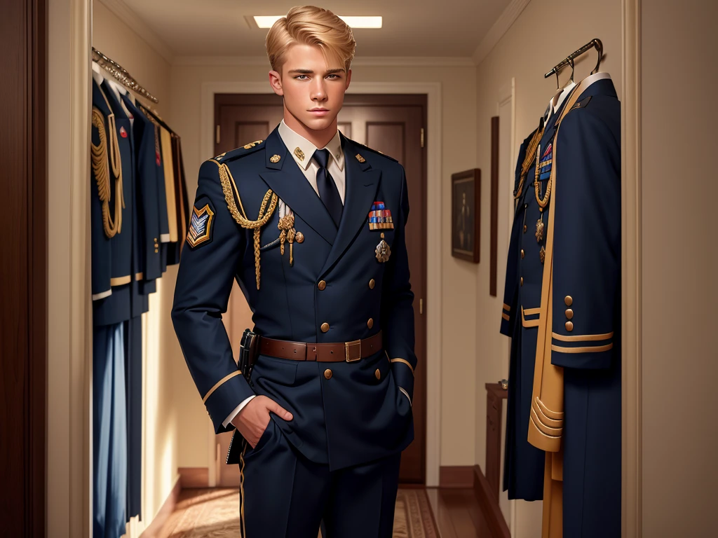 A handsome blond guy, 17 years old, looks at the ceremonial officer's uniform of a "Navy Seal" with awards, which hangs on a suit hanger standing on the floor, and engages in masturbation. Watching him from behind is a naked, blond, muscular Navy SEAL officer, 35 years old, handsome and arrogant. The officer has a big dick, an erection, and a boner.