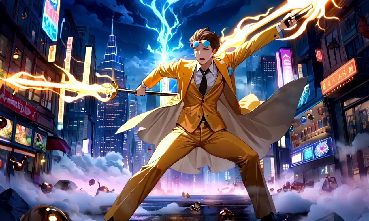 1boy, brown hair, city, night, superhero,holding big corkscrewr,oversized object,improvised weapon ,gold tuxedo, drunk, blush, eyewear_on_head, anime style, fighting, outdoors, detailed face, highly detailed, intricate details, cinematic lighting, glowing energy effect, dramatic composition, dynamic pose, neon cityscape, volumetric fog, cinematic atmosphere, vibrant colors, surreal elements, (best quality,4k,8k,highres,masterpiece:1.2),ultra-detailed