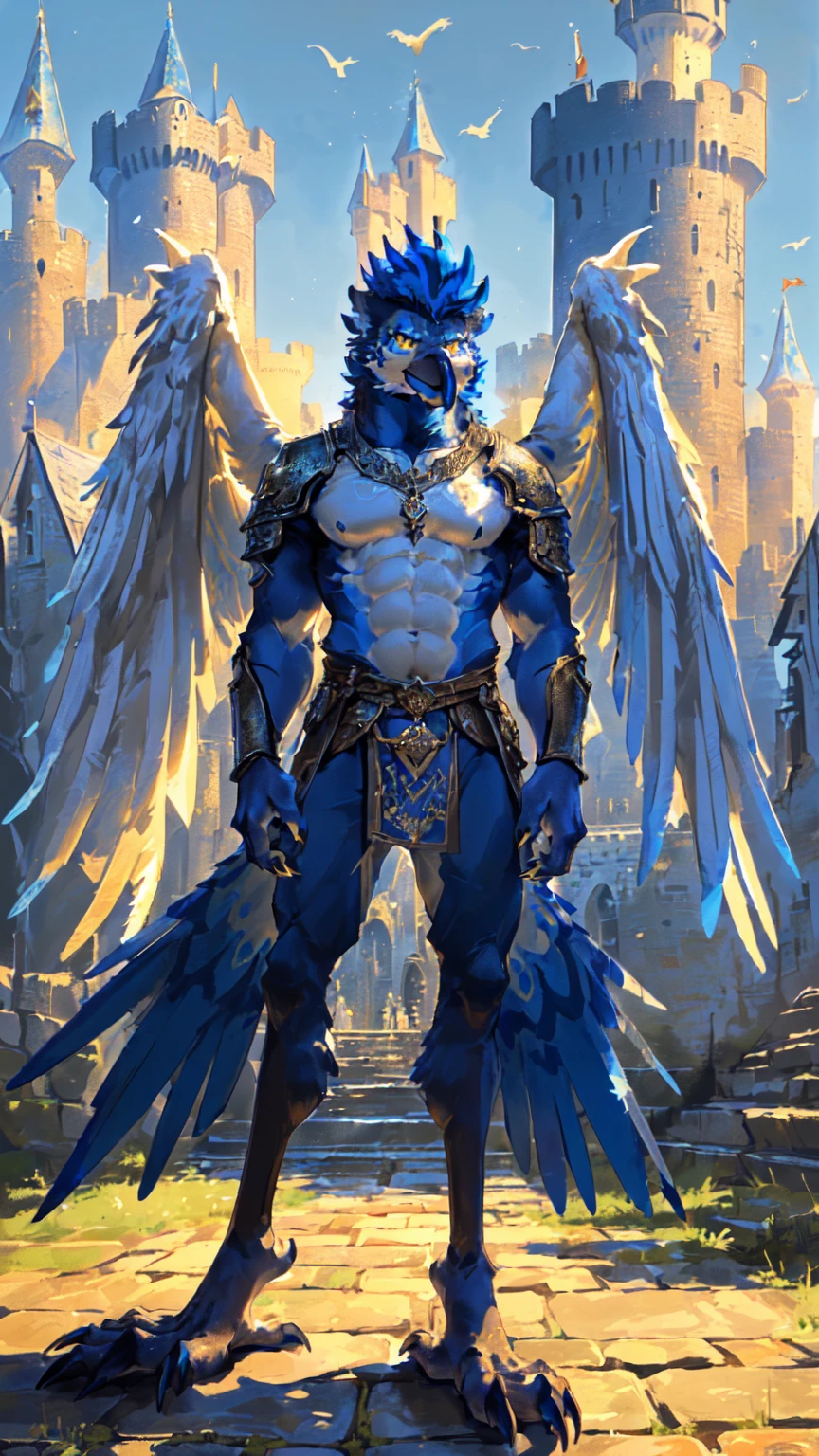 ((middle Ages:1.3,Castle Background:1.6)),(Royal Family:1.2),sunny,high resolution,4K,【Strike a pose:1.5】,masterpiece,high quality,((Griffin)),male,Furry,(teenager:1.3),hairy,((Fierce and vicious:1.4)),(((strong:1.4,Big Wings:1.3,Bird claws子:1.3))),(((Blue head:1.3,White abs:1.4))),(((White Wings:1.3))),(((Golden pupils:1.2))),(((Bird claws:1.3))),(((Long legs:1.3))),((No shirt,No underwear)),Exquisite eyes,Detailed body,Detailed claws,Detailed feet,Kenket's Art