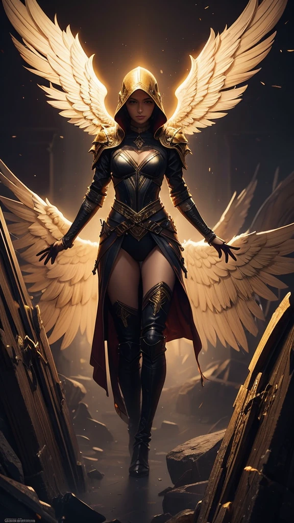 Golden armored angel, wings made of energy, metallic halo, with no face, hooded, gold, fancy, conceptual artwork, ultra realistic, Character art by Greg Rutkowski