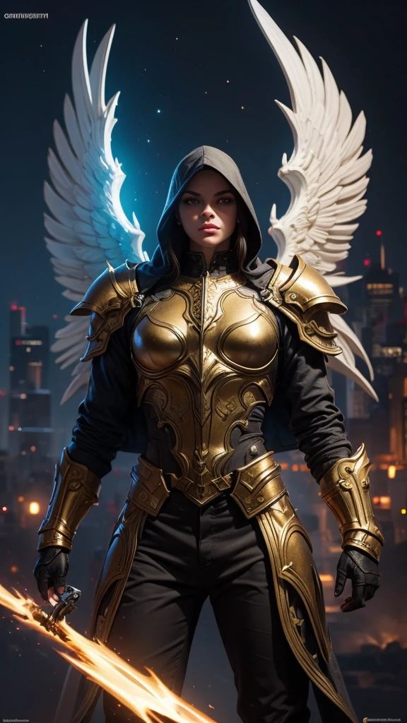 Golden armored angel, wings made of energy, metallic halo, with no face, hooded, gold, fancy, conceptual artwork, ultra realistic, Character art by Greg Rutkowski