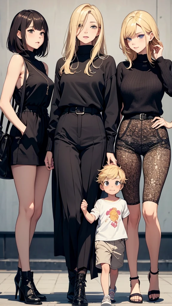 three sexy women walking and looking down at 4 years old boy with blonde hair and shorts, women touch behind of boy's head, women have flirtatious smiles, women have various hair colors