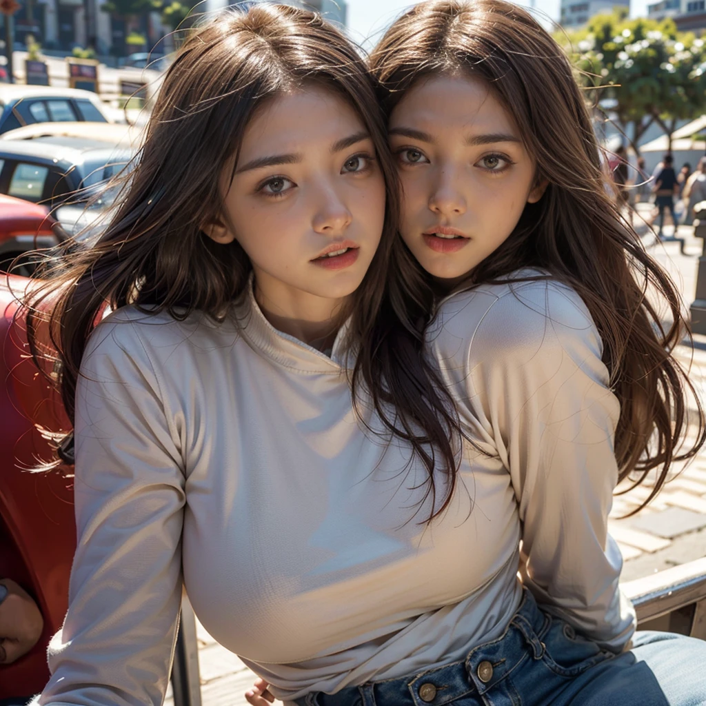 (((HD photo))), ultra high res.photorealistic:. 1.4, UHD, masterpiece, trending on artstation, upper body shot, 1girl, fashion photography, pretty, cute face, ((detailed face, detailed eyes)) most beautiful in the world, soft, delicate, (long red hair), large sagging breasts, slim waist, (wearing ski jacket, jeans, hires textures, intricate details), sunkissed, Delhi city