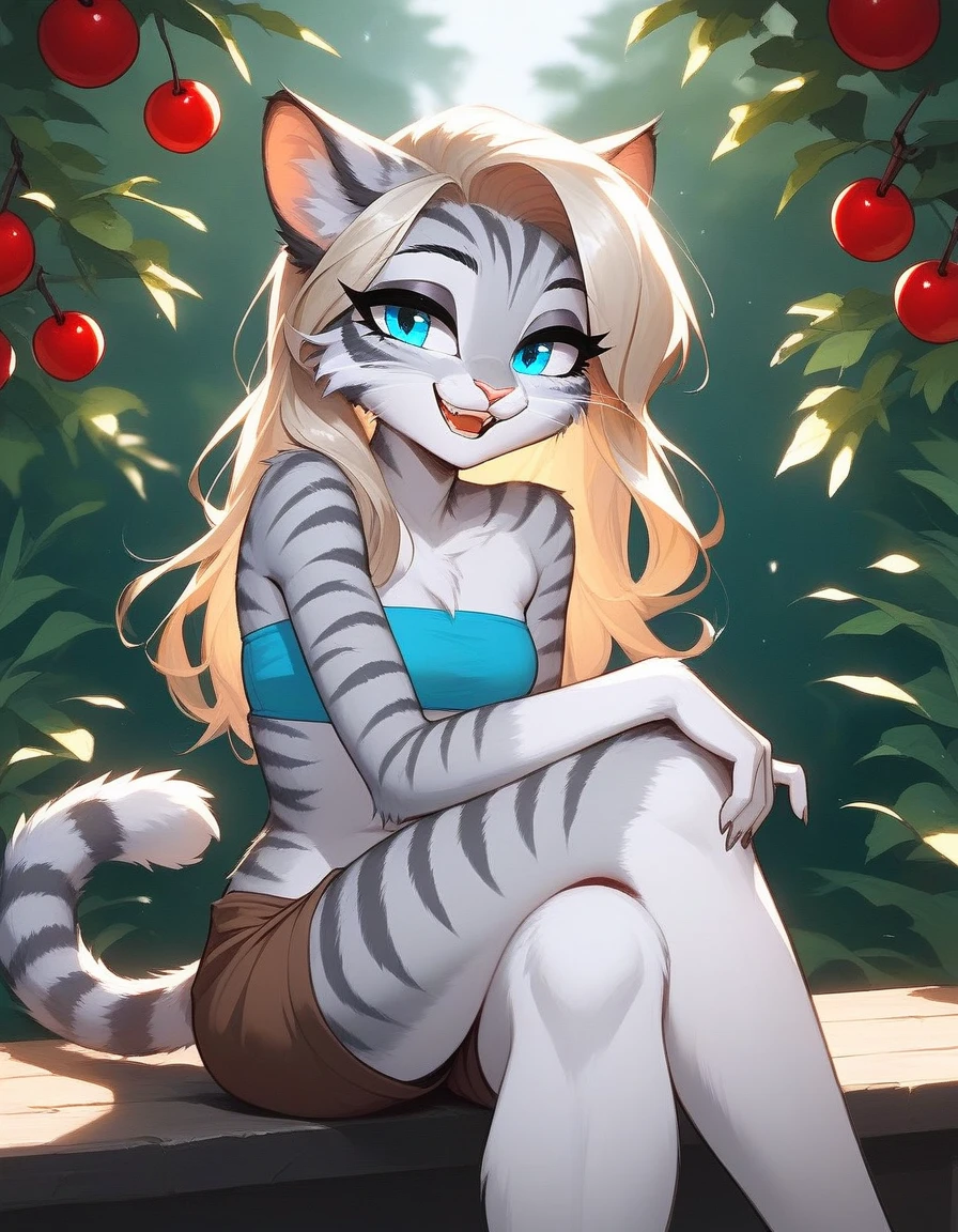 Solo, score_9,score_8_up,score_7_up, source_furry, (Kat, Anthro furry feline girl, adult female, blue eyes, blonde hair, hair in a pony tail, eyes half closed, silver fur, grey stripes, tail), wearing blue bandeau, brown shorts, standing, sitting, legs crossed, mouth open, feline teeth, a cherry placed between her teeth, biting on a cherry, smirking