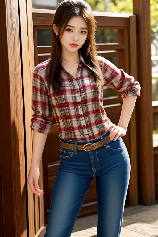 Araffe girl is taking a selfie in front of the mirror in the room., ( ( ( Wear jeans. ) ) ), Wear a shirt and jeans., Kawaii shirt and jeans, plaid shirt, wearing plaid shirt, Casual wear, Wear a flannel shirt., wearing a plaid shirt, Put on a shirt, Casual clothes, Long sleeve shirt with buttons, wearing Casual wear หญิงอาราฟเฟ่, beautiful Asian girl, Gorgeous Chinese model, Japanese model, beautiful asian woman, Japanese goddess, Very beautiful girl., beautiful young woman, very beautiful woman, Attractive and beautiful, sexy girl, Asian girl, beautiful female model, jaw-dropping beauty, Attractive face and body,