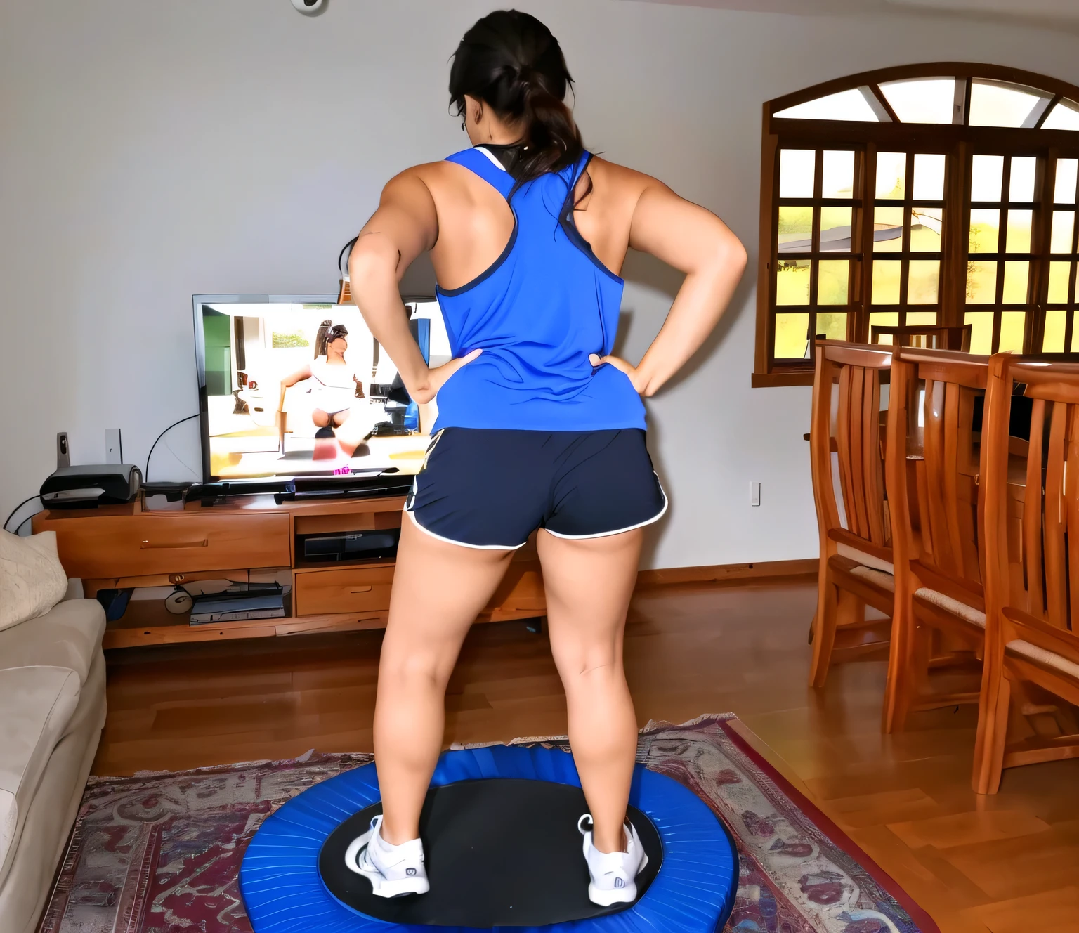 there is a woman standing on a trampol in a living room, back - shot, bouncing, fernanda suarez, caroline gariba, working out, backshot, rear-shot, indoor, back shot, full body wide shot, centered full body rear-shot, indoor shot, cottagecore!! fitness body, medium shot taken from behind