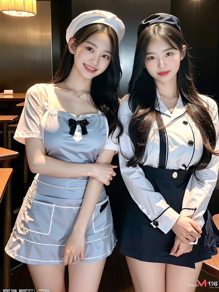 (Commemorative photo of super cute Korean high school girl waitress duo:1.2)(grin,Smile)(Beautiful Sweat:1.1)(16K, RAW Photos, Highest quality, masterpiece: 1.2),(Super cute hairstyle for black hair) Super detailed, Super Resolution, (Genuine, Genuine photos: 1.37), Portraiture, High-resolution RAW color photos, Professional photos, Very detailed, 8k wallpaper, Very detailed CG Unity 8k wallpaper, Very detailed beautiful girls, Very detailed faces, ((whole body)), beautiful woman, Huge breasts,(huge boobs:1.1) (Big Boobs:1.1), Beauty college student (Naked Apron:1.1),high school girl, Korean Girls,(K-POP Female Idols), (Idol-class beauty)(Beautiful high school girl:1.1)(Nice restaurant)(18-year-old)(Waitress costumes:1.1)(Group photo:1.1)(:1.0)(NSFW)