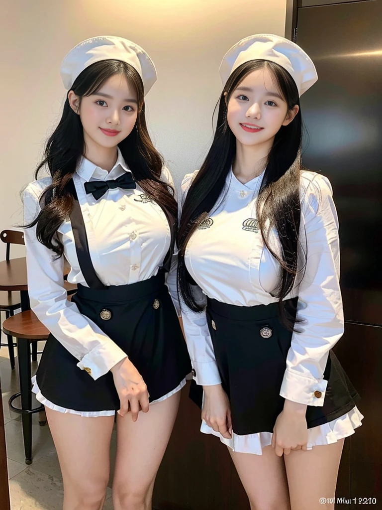 (Commemorative photo of super cute Korean high school girl waitress duo:1.2)(grin,Smile)(Beautiful Sweat:1.1)(16K, RAW Photos, Highest quality, masterpiece: 1.2),(Super cute hairstyle for black hair) Super detailed, Super Resolution, (Genuine, Genuine photos: 1.37), Portraiture, High-resolution RAW color photos, Professional photos, Very detailed, 8k wallpaper, Very detailed CG Unity 8k wallpaper, Very detailed beautiful girls, Very detailed faces, ((whole body)), beautiful woman, Huge breasts,(huge boobs:1.1) (Big Boobs:1.1), Beauty college student (Naked Apron:1.1),high school girl, Korean Girls,(K-POP Female Idols), (Idol-class beauty)(Beautiful high school girl:1.1)(Nice restaurant)(18-year-old)(Waitress costumes:1.1)(Group photo:1.1)(:1.0)(NSFW)