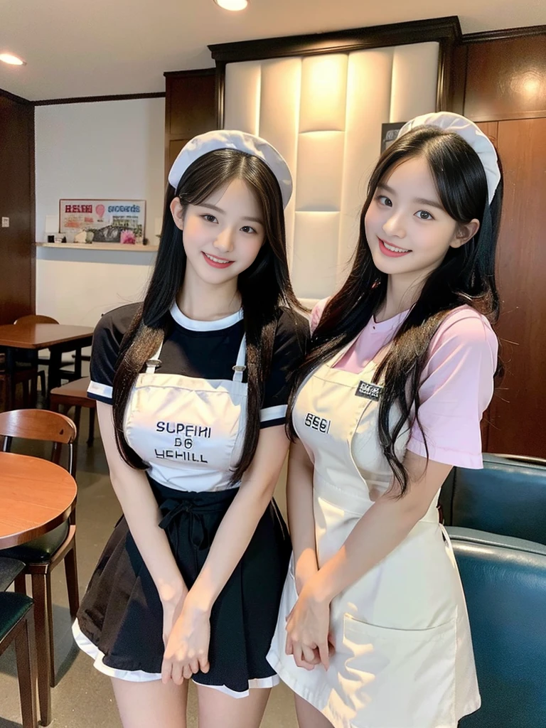 (Commemorative photo of super cute Korean high school girl waitress duo:1.2)(grin,Smile)(Beautiful Sweat:1.1)(16K, RAW Photos, Highest quality, masterpiece: 1.2),(Super cute hairstyle for black hair) Super detailed, Super Resolution, (Genuine, Genuine photos: 1.37), Portraiture, High-resolution RAW color photos, Professional photos, Very detailed, 8k wallpaper, Very detailed CG Unity 8k wallpaper, Very detailed beautiful girls, Very detailed faces, ((whole body)), beautiful woman, Huge breasts,(huge boobs:1.1) (Big Boobs:1.1), Beauty college student (Naked Apron:1.1),high school girl, Korean Girls,(K-POP Female Idols), (Idol-class beauty)(Beautiful high school girl:1.1)(Nice restaurant)(18-year-old)(Waitress costumes:1.1)(Group photo:1.1)(:1.0)(NSFW)