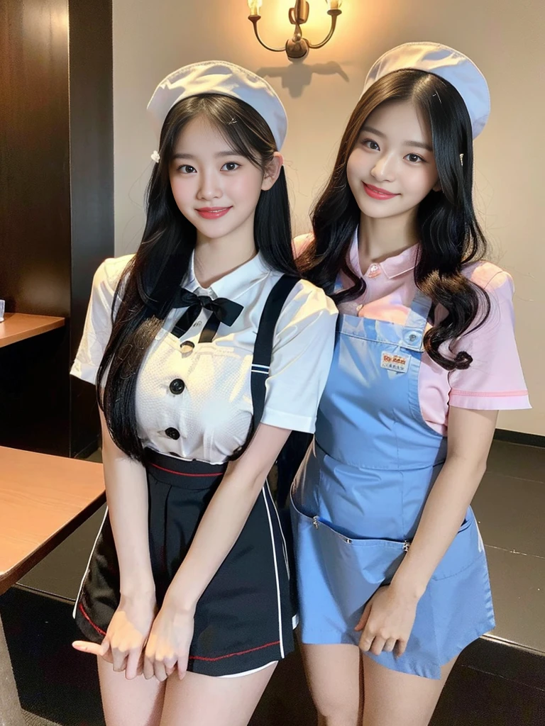 (Commemorative photo of super cute Korean high school girl waitress duo:1.2)(grin,Smile)(Beautiful Sweat:1.1)(16K, RAW Photos, Highest quality, masterpiece: 1.2),(Super cute hairstyle for black hair) Super detailed, Super Resolution, (Genuine, Genuine photos: 1.37), Portraiture, High-resolution RAW color photos, Professional photos, Very detailed, 8k wallpaper, Very detailed CG Unity 8k wallpaper, Very detailed beautiful girls, Very detailed faces, ((whole body)), beautiful woman, Huge breasts,(huge boobs:1.1) (Big Boobs:1.1), Beauty college student (Naked Apron:1.1),high school girl, Korean Girls,(K-POP Female Idols), (Idol-class beauty)(Beautiful high school girl:1.1)(Nice restaurant)(18-year-old)(Waitress costumes:1.1)(Group photo:1.1)(:1.0)(NSFW)