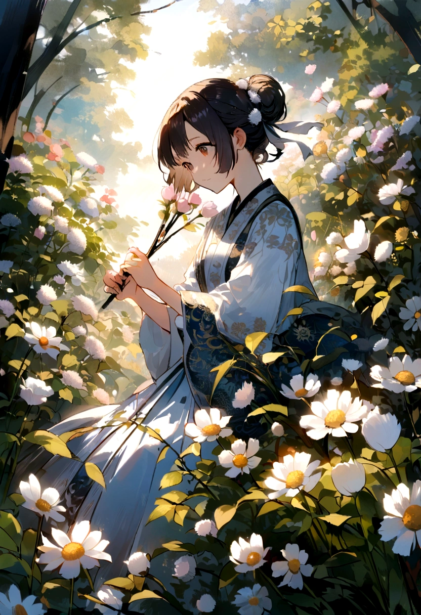Blooming flowers dance in the wind,Girl in Flowers,Light blue and silver design,Pay attention to the texture of skin and flowers,Sony FE 12-24mm F/2.8 grams,Impressionist Garden,Well versed in calligraphy,Eco-friendly craftsmanship,Exploring brushwork