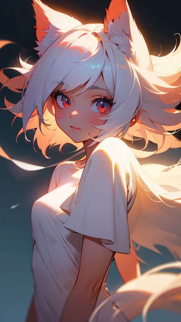 velues, white fur, ultra cute face, red elements on the skin, bright t-shirt, Beautiful lights and shadows, ambient light, ultra detailed skin, volumetric light, naked