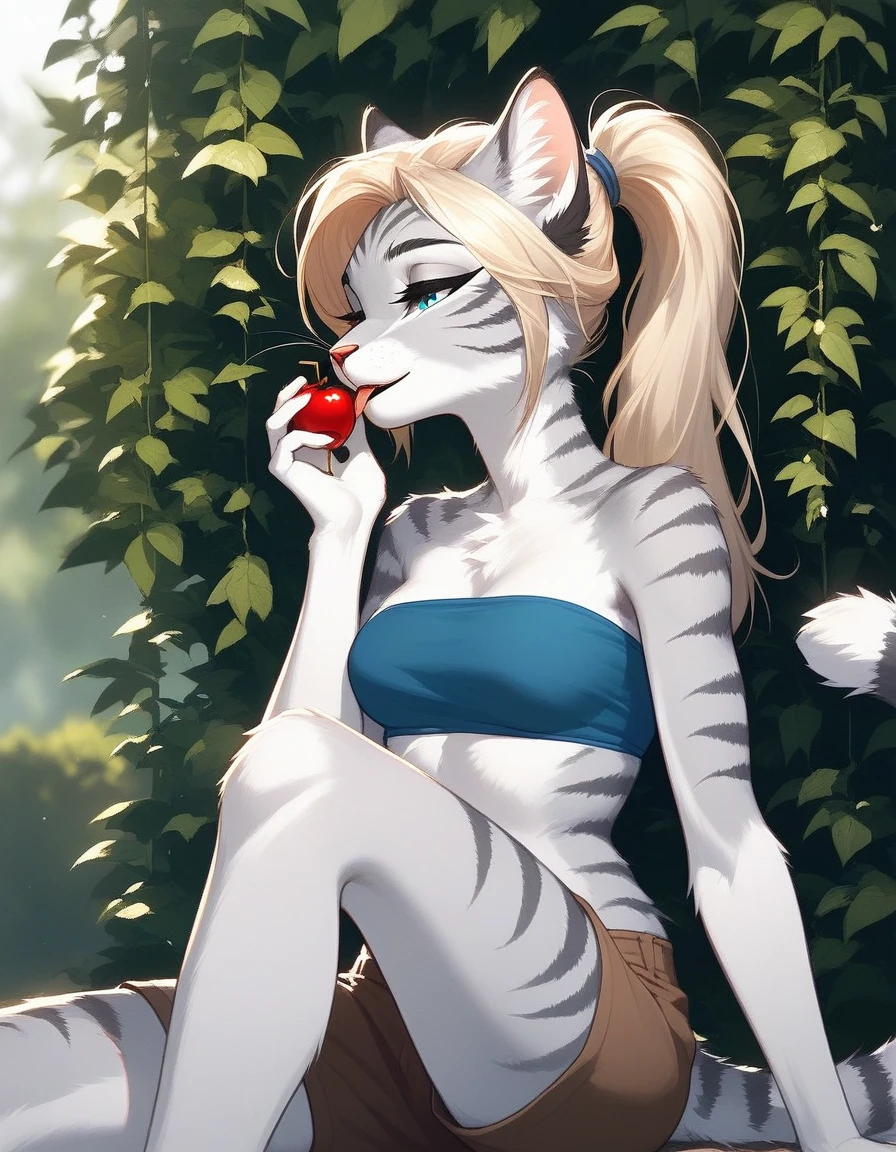 Solo, score_9,score_8_up,score_7_up, source_furry, (Kat, Anthro furry feline girl, adult female, blue eyes, blonde hair, hair in a pony tail, eyes half closed, silver fur, grey stripes, tail), wearing blue bandeau, brown shorts, standing, sitting, legs crossed, holding a cherry by the stem, licking a cherry, seductive, head tilted back, close up, side view