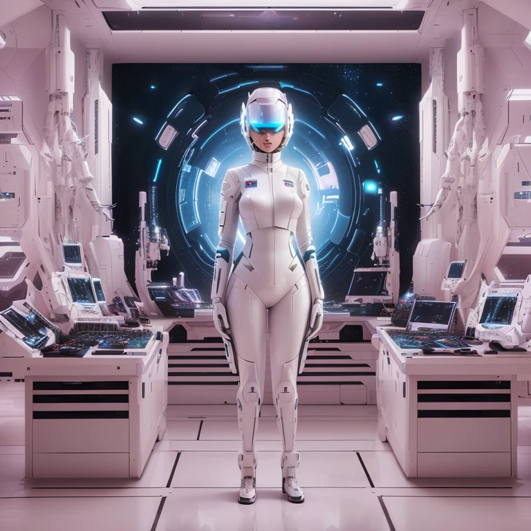 futuristic woman in a white suit standing in a room with computers, futuristic aesthetic, futuristic astronaut, style hybrid mix of beeple, cyber space, stood inside a futuristic lab, beeple. hyperrealism, in style of beeple, sci - fi aesthetics, cyber aesthetic, in futuristic laboratory room, science fiction style, in a space station