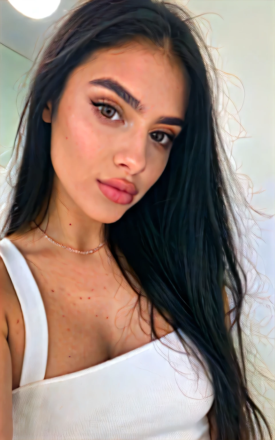the most beautiful 20-year-old woman, blogger, a lot of followers due to the appearance, long black hair, half-body selfies, looking at the camera, dress, makeup, lips, brunette hair, clean skin, studio, modeling agency shoot, big eyes, plump lips, high resolution