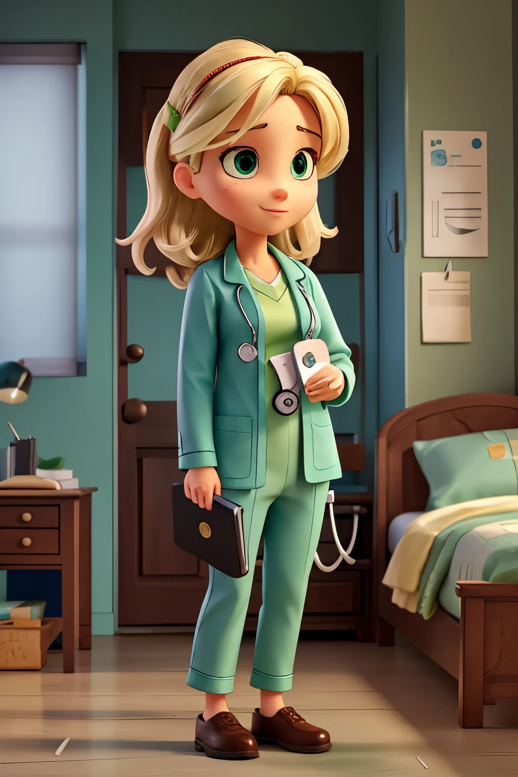 Blonde doctor with brown eyes dressed in sea green surgical pajamas holding a black cell phone in her hand and a stethoscope around her neck