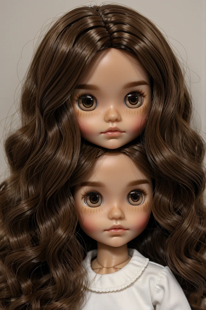 Blythe doll slightly light brown hair undefined waves dark brown eyes white skin