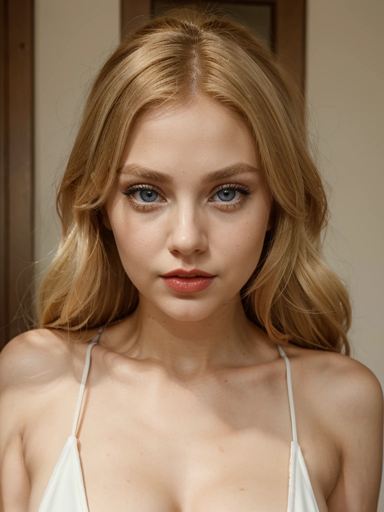 Extremely beautiful woman with blonde hair and big red lips, she has blue eyes and an off-white halter neck dress and big eyes.