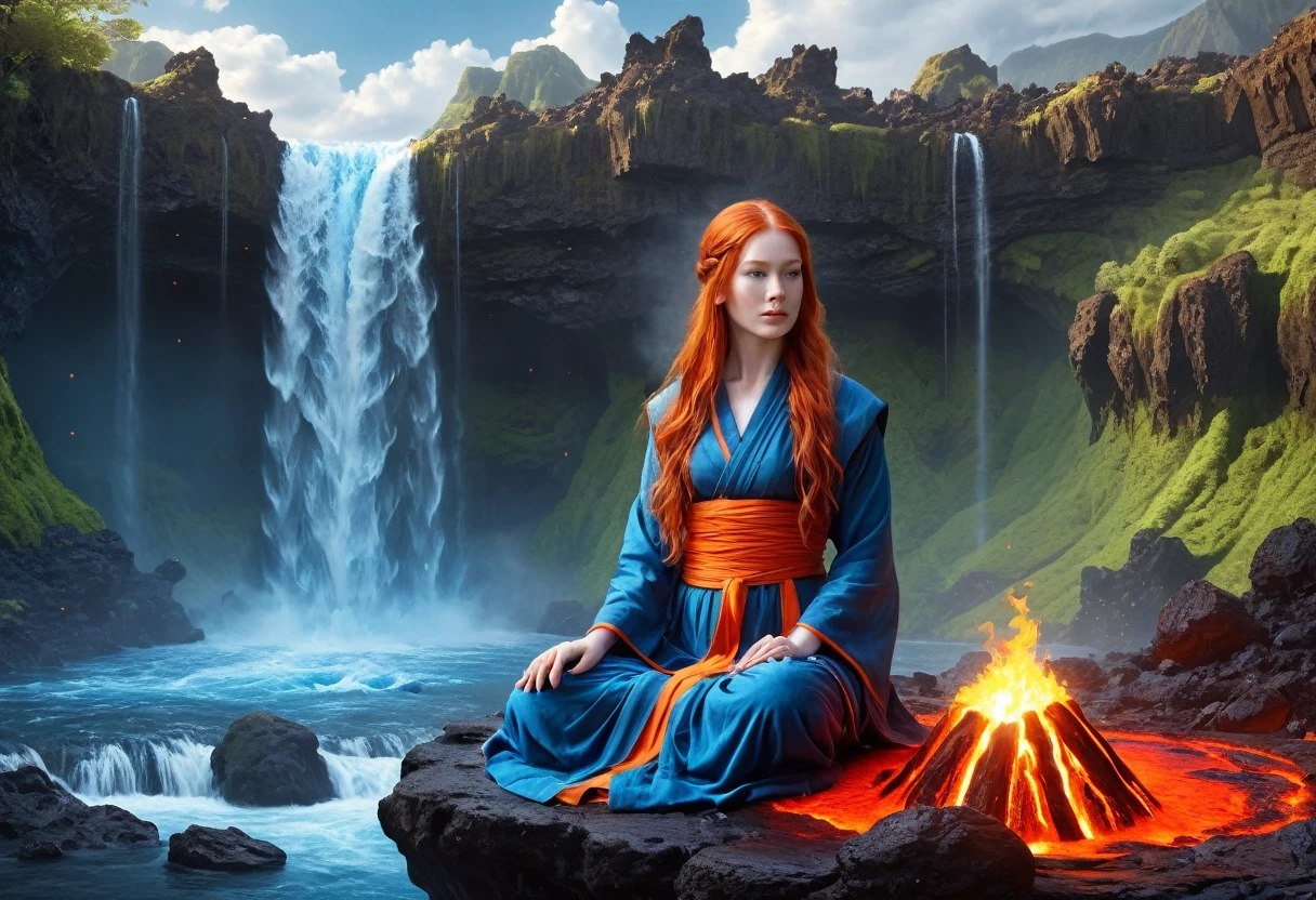  picture of a (female monk: 1.2) sitting and meditating near a bonfire at the base of the waterfall, there is a human woman monk wearing monk garbs,  red hair, long hair, full body (best details, Masterpiece, best quality :1.5), ultra detailed face (best details, Masterpiece, best quality :1.5), ultra feminine (best details, Masterpiece, best quality :1.5), exquisite beautiful (best details, Masterpiece, best quality :1.5) red hair, long hair, wavy hair, pale skin, blue eyes, intense eyes, an (epic sized waterfall: 1.3), water coming down from a volcanic cliff, multi level water falls, several pools created in different levels, forming new waterfalls, water cascading into a (large lava pool: 1.3) steam rising, clear water in many hues of blue and azure, fantasy art, photorealistic, D&D art,  (masterpiece: 1.4) intense details, highly detailed, photorealistic, best quality, highres,16k, [ultra detailed], masterpiece, best quality, (extremely detailed), close up, ultra wide shot, photorealistic, RAW, fantasy art, dnd art, fantasy art, realistic art,((best quality)), ((masterpiece)), (detailed: 1.5) faize, 