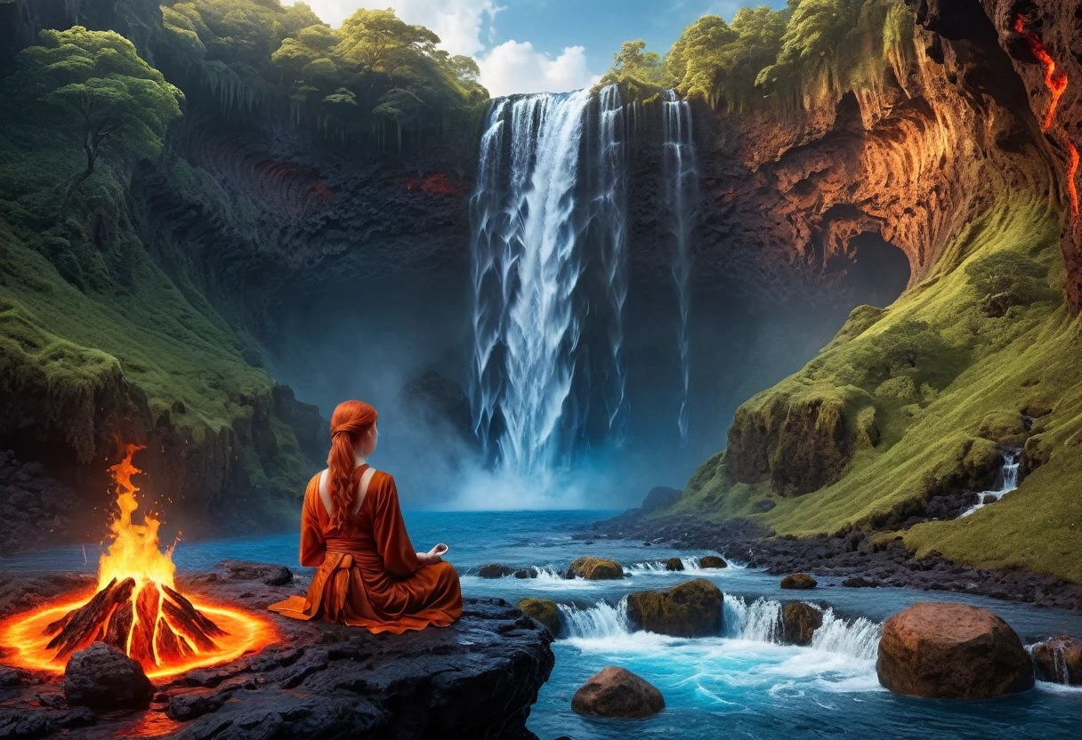  picture of a (female monk: 1.2) sitting and meditating near a bonfire at the base of the waterfall, there is a human woman monk wearing monk garbs,  red hair, long hair, full body (best details, Masterpiece, best quality :1.5), ultra detailed face (best details, Masterpiece, best quality :1.5), ultra feminine (best details, Masterpiece, best quality :1.5), exquisite beautiful (best details, Masterpiece, best quality :1.5) red hair, long hair, wavy hair, pale skin, blue eyes, intense eyes, an (epic sized waterfall: 1.3), water coming down from a volcanic cliff, multi level water falls, several pools created in different levels, forming new waterfalls, water cascading into a (large lava pool: 1.3) steam rising, clear water in many hues of blue and azure, fantasy art, photorealistic, D&D art,  (masterpiece: 1.4) intense details, highly detailed, photorealistic, best quality, highres,16k, [ultra detailed], masterpiece, best quality, (extremely detailed), close up, ultra wide shot, photorealistic, RAW, fantasy art, dnd art, fantasy art, realistic art,((best quality)), ((masterpiece)), (detailed: 1.5) faize, 