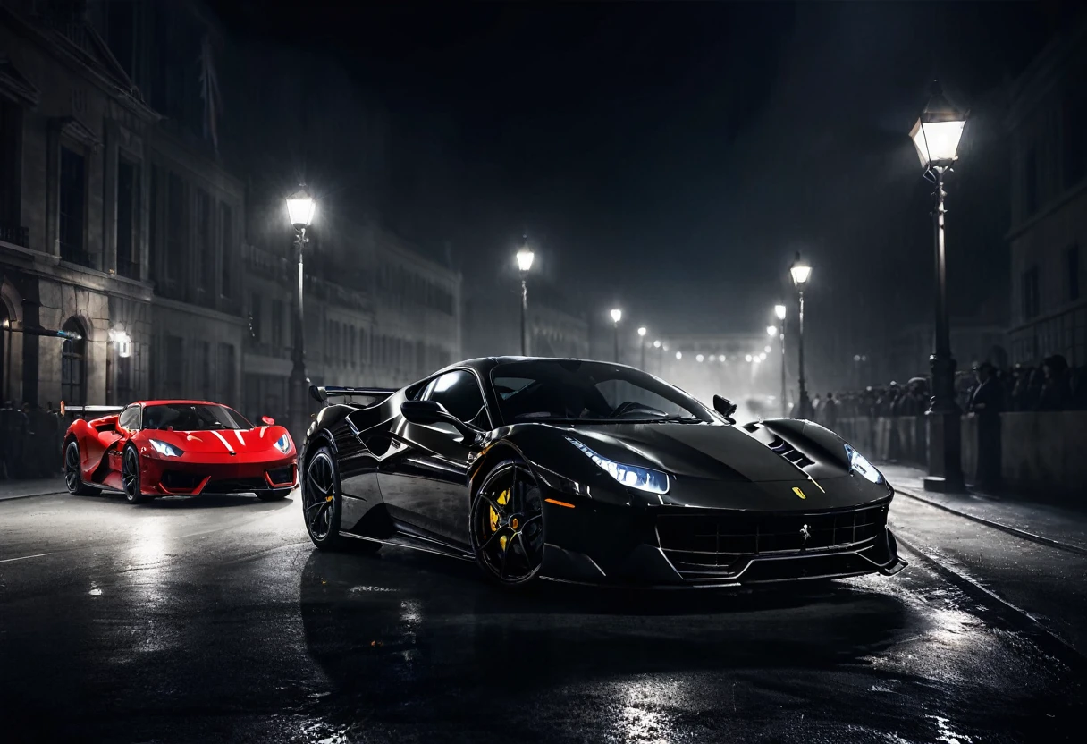 Stunning three luxury cars, a Ferrari and a Ford and Lamborghini, , both dark in color, standing side by side, headlights facing the viewer. There are starting flags in front of the cars. The glossy paint of cars reflects light, emphasizing their elegant and expensive design. The surrounding decor is rich and glamorous, dark, further enhancing the feeling of high-end competition. The atmosphere is electric and conveys the excitement and intensity of a prestigious sports car race. dark background