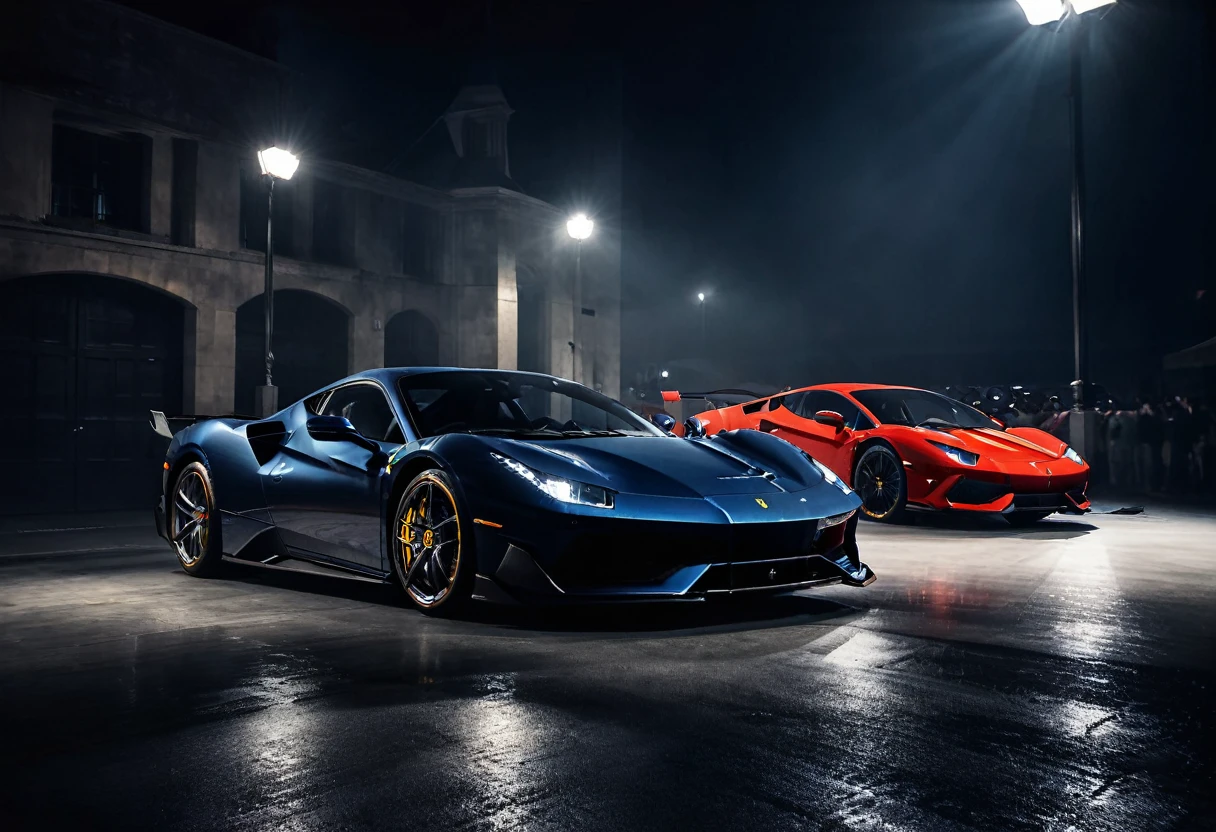 Stunning three luxury cars, a Ferrari and a Ford and Lamborghini, , both dark in color, standing side by side, headlights facing the viewer. There are starting flags in front of the cars. The glossy paint of cars reflects light, emphasizing their elegant and expensive design. The surrounding decor is rich and glamorous, dark, further enhancing the feeling of high-end competition. The atmosphere is electric and conveys the excitement and intensity of a prestigious sports car race. dark background