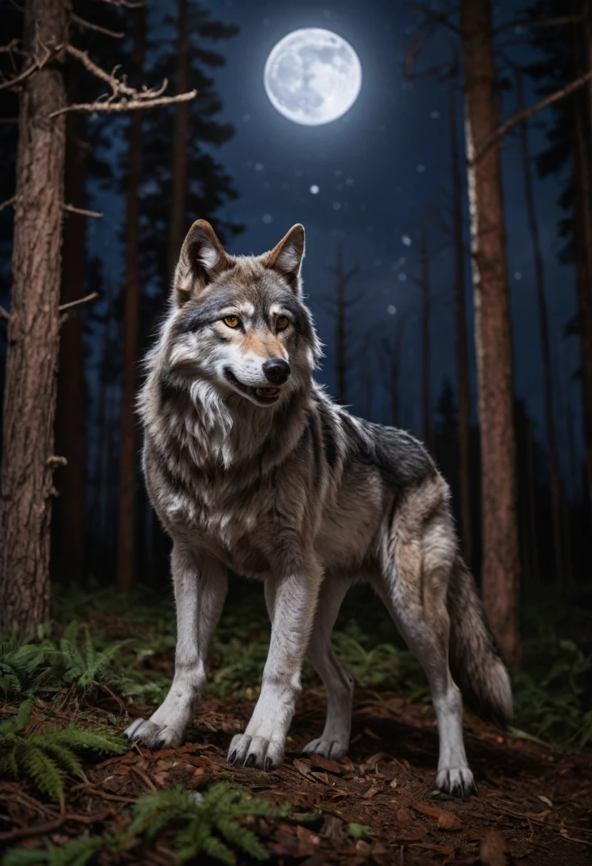 detail photo masterpiece, best quality, furry anthro male wolf, in a forest at night, ((detailed fluffy full body fur)),, wolf tail, fangs, epic night sky, full moon, wearing jeans, high quality photography, 3 point lighting, flash with softbox, 4k, Canon EOS R3, hdr, smooth, sharp focus, high resolution, award winning photo, 80mm, f2.8, bokeh