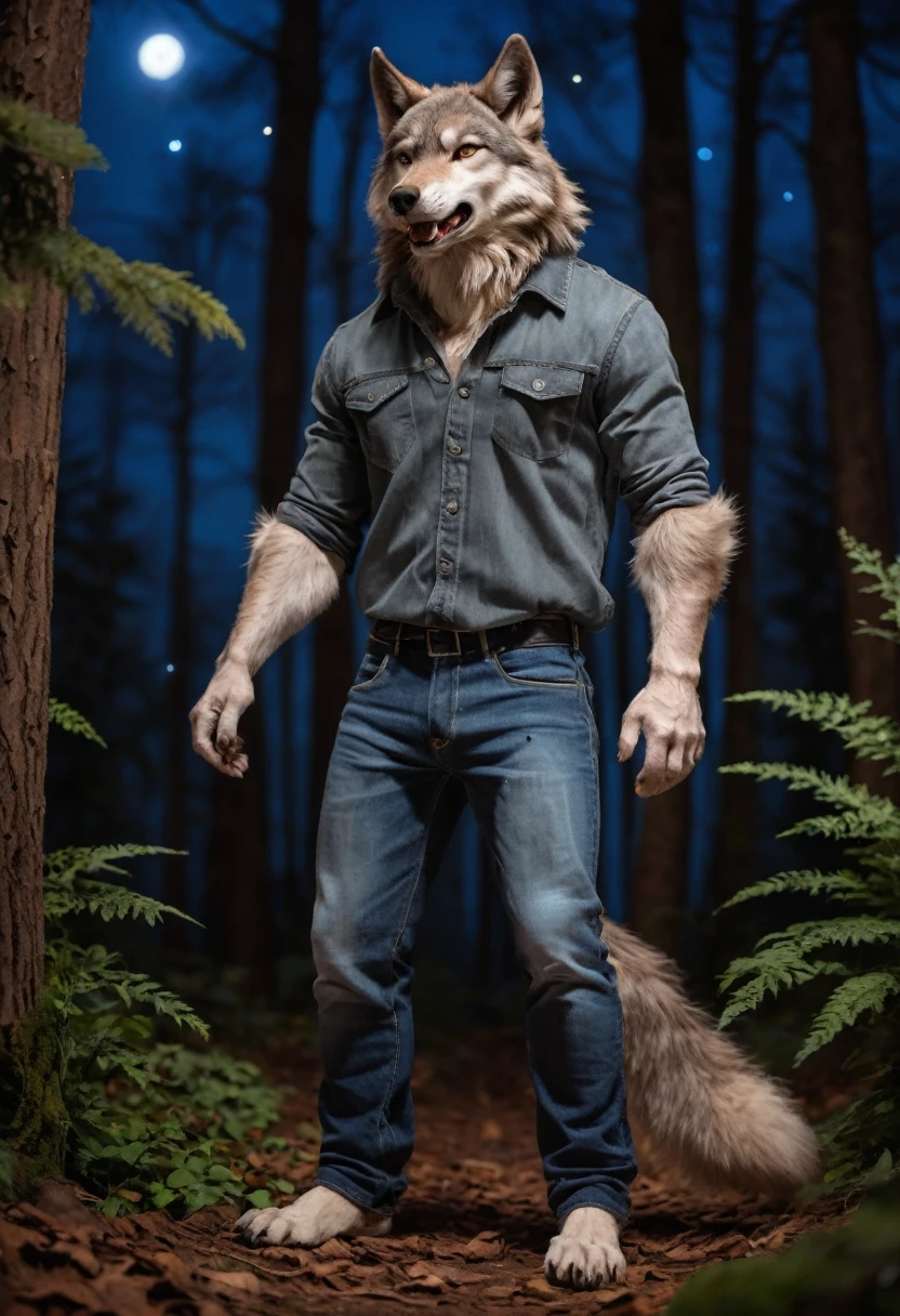 detail photo masterpiece, best quality, furry anthro male wolf, in a forest at night, ((detailed fluffy full body fur)),, wolf tail, fangs, epic night sky, full moon, wearing jeans, high quality photography, 3 point lighting, flash with softbox, 4k, Canon EOS R3, hdr, smooth, sharp focus, high resolution, award winning photo, 80mm, f2.8, bokeh