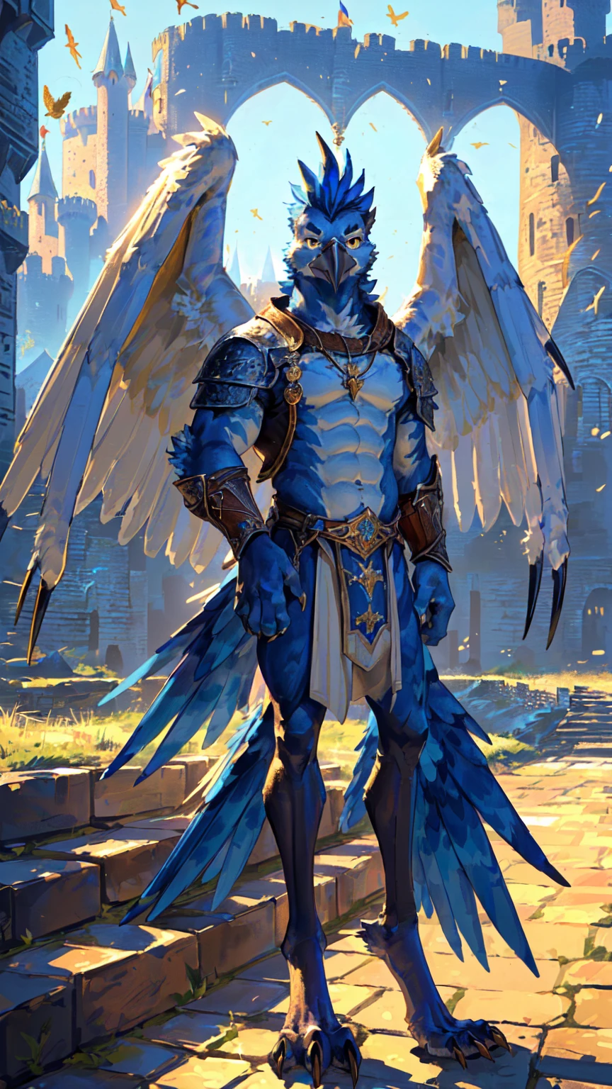 ((middle Ages:1.3,Castle Background:1.6)),(Royal Family:1.2),sunny,high resolution,4K,【Strike a pose:1.5】,masterpiece,high quality,((Griffin)),male,Furry,(ager:1.3),hairy,((Fierce and vicious:1.4)),(((strong:1.4,Big Wings:1.3,Bird claws子:1.3))),(((Blue head:1.3,White abs:1.4))),(((White Wings:1.3))),(((Golden pupils:1.2))),(((Bird claws:1.3))),(((Long legs:1.3))),((No shirt,No underwear)),Exquisite eyes,Detailed body,Detailed claws,Detailed feet,Kenket's Art