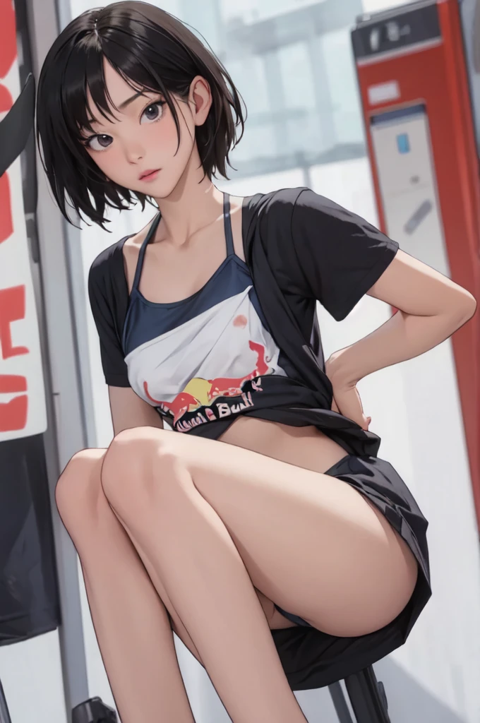 ((masterpiece, best quality)),((highres:1.2)), 1 Girl, solo, Blurred Background, (((Small breasts))), Thighs, (Stripe underwear), red bull T-Shirts, nipple, short hair