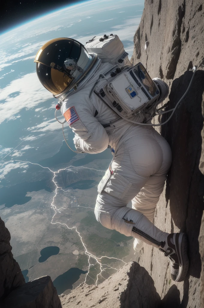 (Close-up of astronaut climbing a rocky cliff in a spacesuit), fully space suited, astronaut lost in liminal space, dusty space suit, Astronaut, astronaut in space, (Esdrasds" Themeï¼, detailed astronaut, astronaut in space, Spacesuit, Redshift resonance, ï¼Astronauts climbing cliffs in spaceï¼, astronaut below, space backround, wear spacesuits, Astronaut Cyberpunk Electric, space