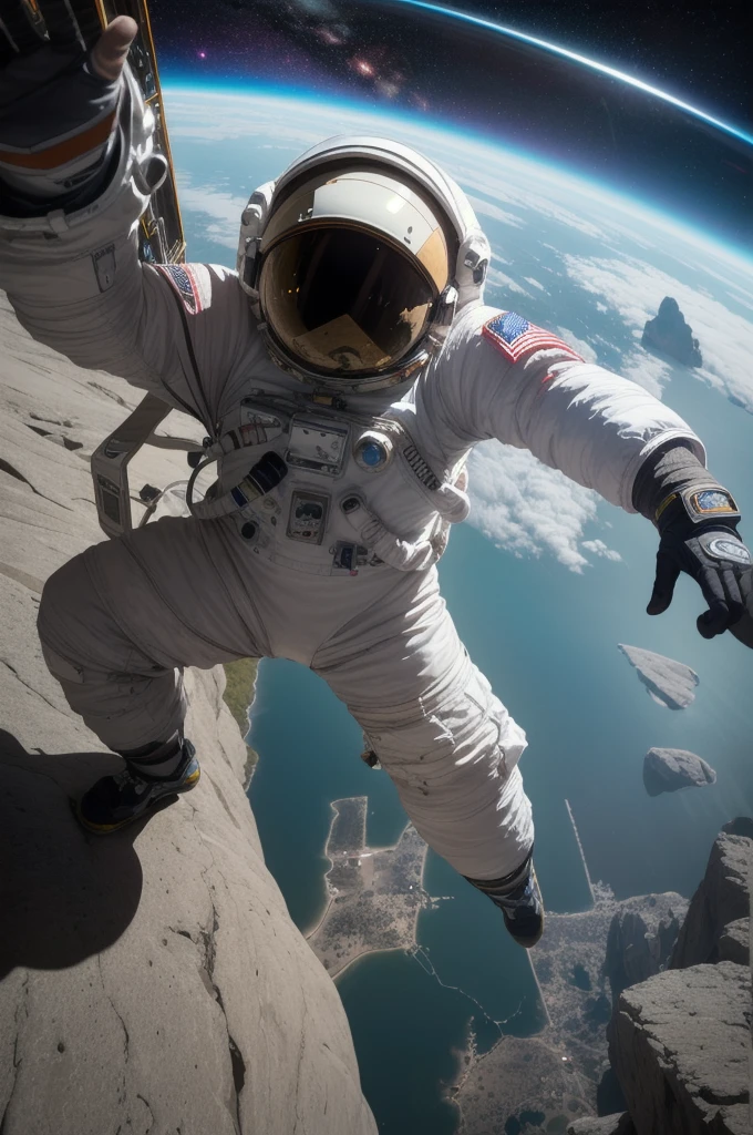 (Close-up of astronaut climbing a rocky cliff in a spacesuit), fully space suited, astronaut lost in liminal space, dusty space suit, Astronaut, astronaut in space, (Esdrasds" Themeï¼, detailed astronaut, astronaut in space, Spacesuit, Redshift resonance, ï¼Astronauts climbing cliffs in spaceï¼, astronaut below, space backround, wear spacesuits, Astronaut Cyberpunk Electric, space
