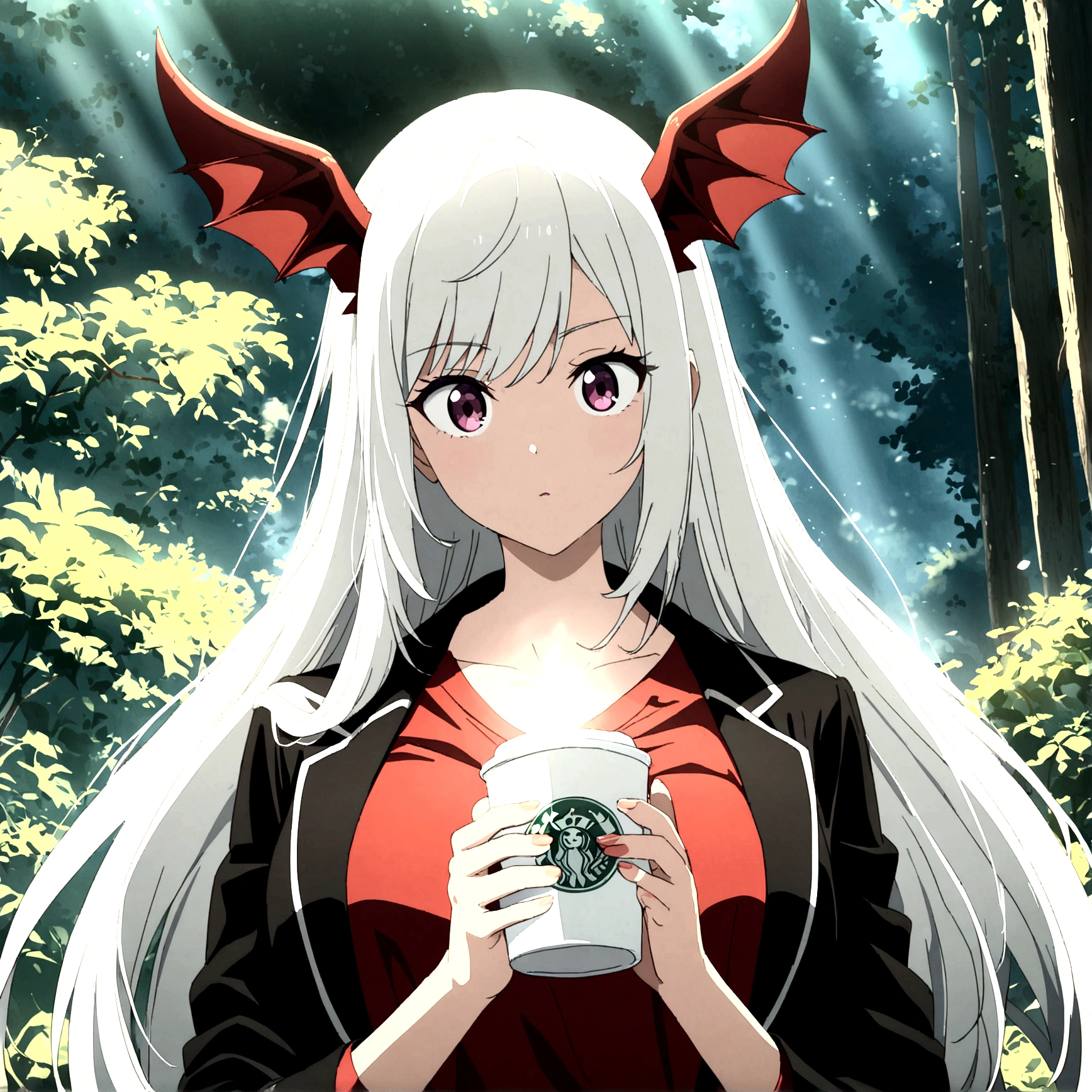 1 girl, beautiful, cool, intimidation, long hair, white hair, devil ear, black jacket, red butoned shirt, nature place, holding a cup coffee, anime