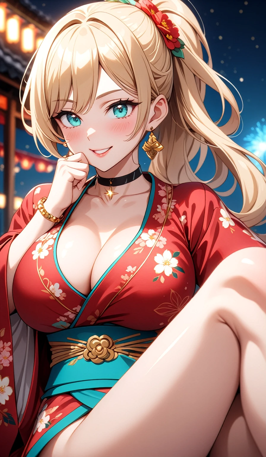 ((One personの女性)), Beautiful Face,(Laughing embarrassedly), (naughty face:1.2), (Wink:1.9), Laughing with your mouth open, upper teeth, ((Bright red cheeks:1.4)),Glossy pink lips, ((crossed legs:1.4)), (panty shot), looking down at viewer,Touching hair with hands,looking at viewer,Shining Face, rooftop, Festival decorations, firework, ((Anime style background)),masterpiece, Highest quality, so beautiful,up to date, Complex details, (Pink long nails),(ring),(bracelet),(choker),AI-generated, Complex,High resolution, Highest quality, super high quality,3D Images、3D Images,One person,Long blonde hair,ponytail, wavy hair ,Anime woman posing for a photo, ((Fine grain、Turquoise Eyes、Shining Eyes:1.3)), (Squint your eyes:1.1),a hyperRealistic , hyperRealistic , Realistic,Anime woman with long white hair, Smooth anime CG art, A woman in a colorful kimono with gold embroidery, (Pink long sleeve kimono),Red floral pattern,Long flower hair ornament,Earrings,Mature Body,(Big Breasts:1.1),Tall,Abdominal muscles,Tight waist,(Zoom up to face:1.2), (front side),