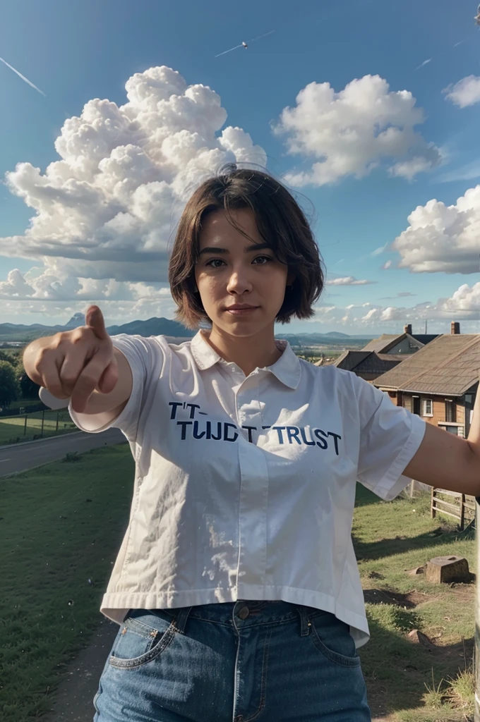 text written in the cloud "It's okay God I trust You", a pointing finger to the that cloud from away, with greenfield background
