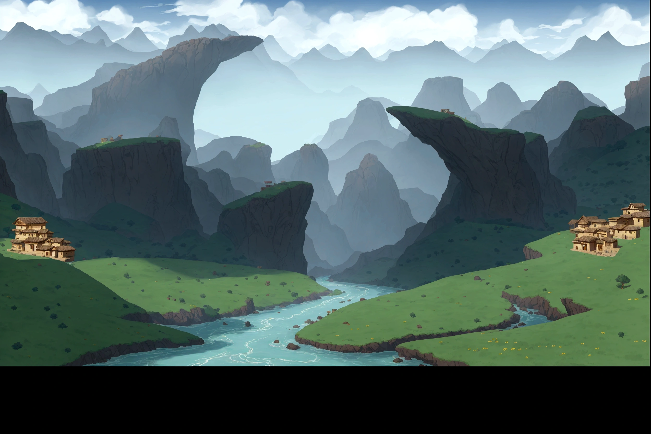 cartoon scene of a river running through a valley with mountains in the background, background art, background artwork, canyon background, random background scene, scenic background, landscape background, 2 d game art background, epic background, rocky environment, an epic landscape, distant village background, 2d game background, some mountains in the background, scenic environment, mountainous background, game background