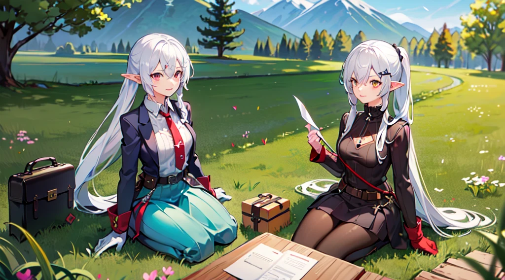 a girl, white hair, yellow color eye, elf, Mid Chest, Long ponytail hairstyle, Adventure theme, View of the star, sitting in the grass, river