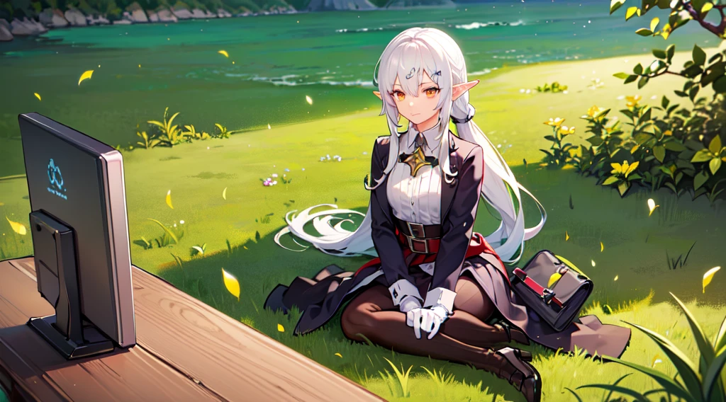 a girl, white hair, yellow color eye, elf, Mid Chest, Long ponytail hairstyle, Adventure theme, View of the star, sitting in the grass, river