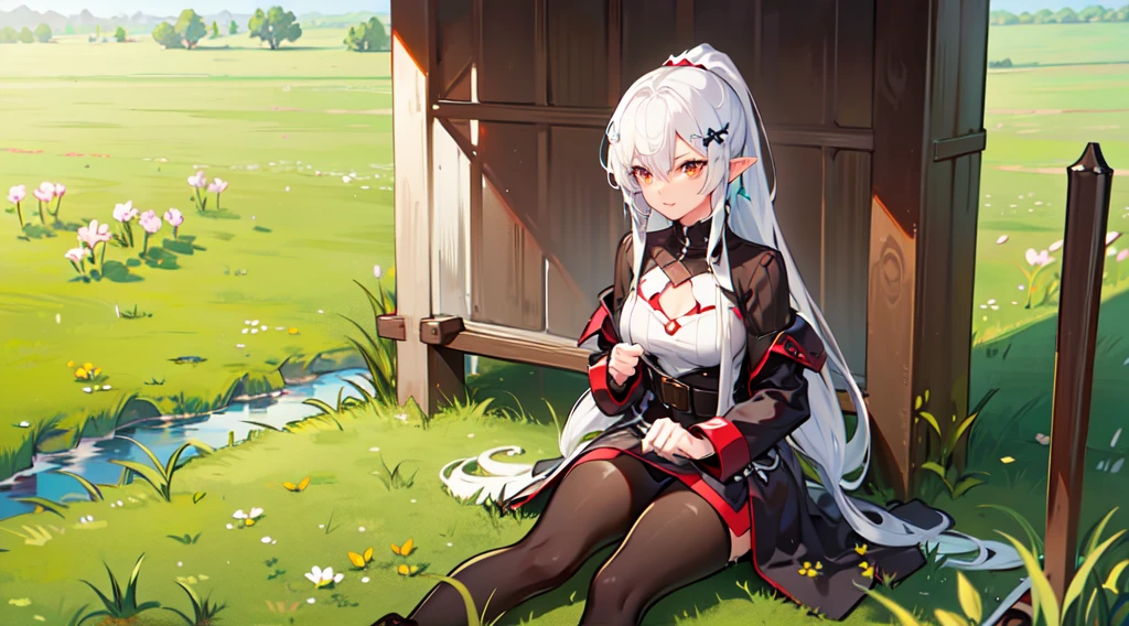 a girl, white hair, yellow color eye, elf, Mid Chest, Long ponytail hairstyle, Adventure theme, View of the star, sitting in the grass, river