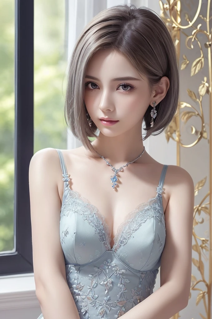 blue lace thong&Good, (((Very elegant and beautiful, Perfect detail, Super detailed))), whole body, The most detailed girl, Depth of written boundary, 美しく詳細なwhole body, Thin legs, 1 girl, 30 years old, Very short hair, Spiked Hair, Gray and silver hair, Beautiful detailed hair, Perfect Face, Expressionless, Beautifully detailed deep eyes, Open your mouth a little, Delicate arms and hands, Pale skin, Earrings, Beautiful and gorgeous necklace, Colorful background, HD background, Blurred Background, Very delicate and beautiful, Masterpiece, (((Highest quality, Very beautiful 8K CG wallpaper))), (((Trendy hairstyles))), (Inside the room,Stylish interior,window),