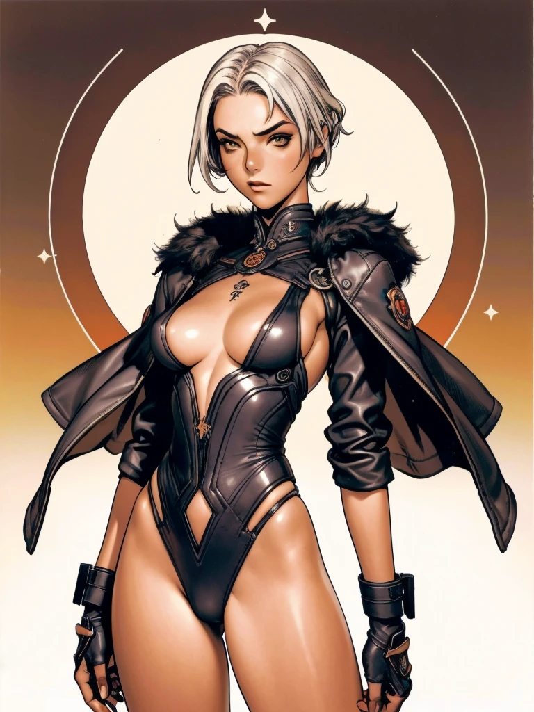 (((Annie Lennox))), (((Dark yellow))), (back view), (((perfect ass))), (((bandaged arms))), ((hooded cloak)), (((Simon Bisley style))), (((best qualityer: 1.4))), (Unbeatable masterpiece), (hiper HD),(CG 8k hyper-realistic), (((brave face))), (((breasts big))), (((hyper feminine))), sexly girl, black tattoo,(ultra short pink hair)), ((( sculptural body ))), (((1 Kizi))), Kizi tatuada de 25 anos com perfectbody,,Beautiful and well-groomed face,muscular body:1.2,solid color detailed jacket, (Head to thigh photos), Complex equipment, green dark,long pants,Tight clothes are dark,With white stars and off-white stripes,,,,,Armor Metal Electronic Parts, Poison tattoos ) INFO, Kizi, (((standing alone))), pirralha violent, ((())), sexly, pose de atitude, work of art, post-apocalypse, (((manga style))), bounty hunter, violent, Manic, the way you want, slenderbody, thin but strong, perfectbody, roupa moderna, advanced technology, Pleated mini skirt with checkered pattern in red and black, fur collar jacket, sleeves with vertical striped pattern, neutral background, (( cowboy shot )). intricate visual