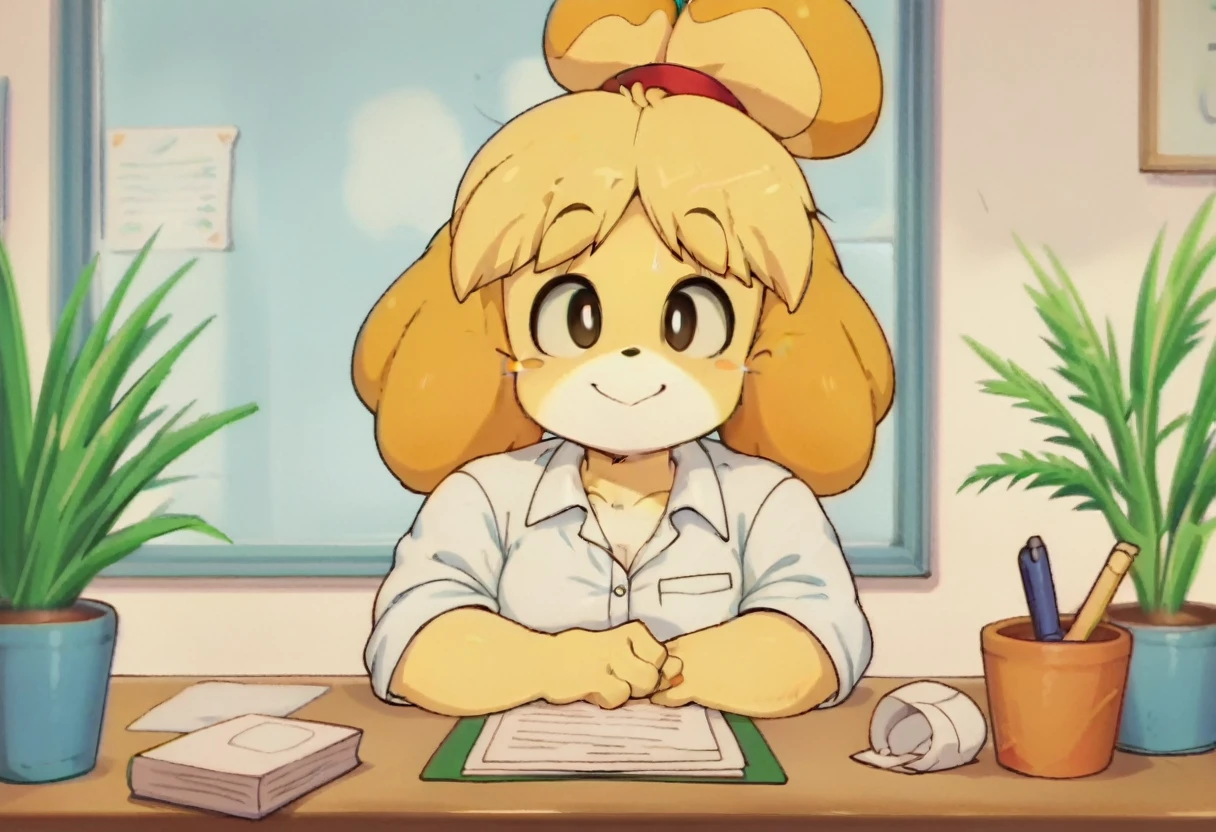 smile,isabelle (animal crossing), blonde hair, animal ears, furry upper body, office, desk , solo, anime screencap,drgbls1