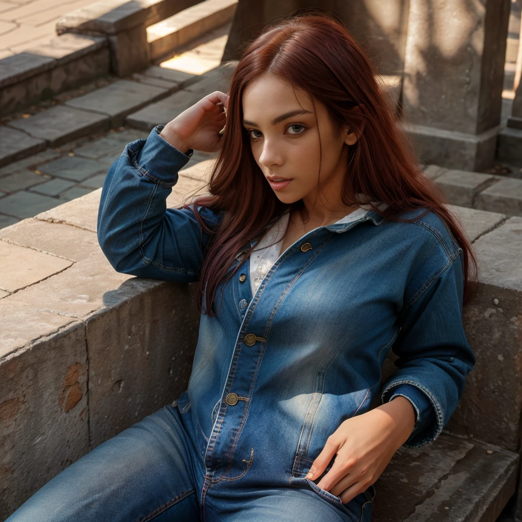 (((HD photo))), ultra high res.photorealistic:. 1.4, UHD, masterpiece, trending on artstation, upper body shot, 1girl, fashion photography, pretty, cute face, ((detailed face, detailed eyes)) most beautiful in the world, soft, delicate, (long red hair), large sagging breasts, slim waist, (wearing ski jacket, jeans, hires textures, intricate details), sunkissed, Delhi city