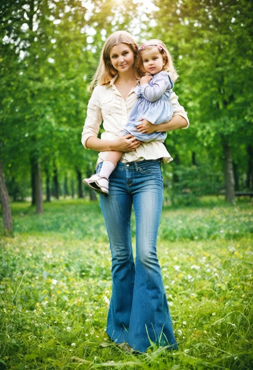 young mother with daughter in jeans with flounce in park, 19th century photo, deep focus, vintage film grain, color correction retro style, soft lighting,