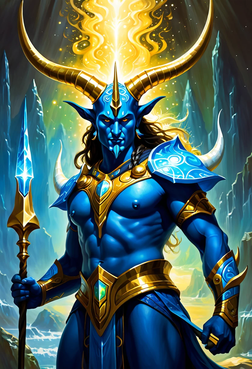 Atlantean warriors,Hedra, emerges as a luminary creature with golden horns and magical power, like a master craftsman painting on a canvas, with a paint brush