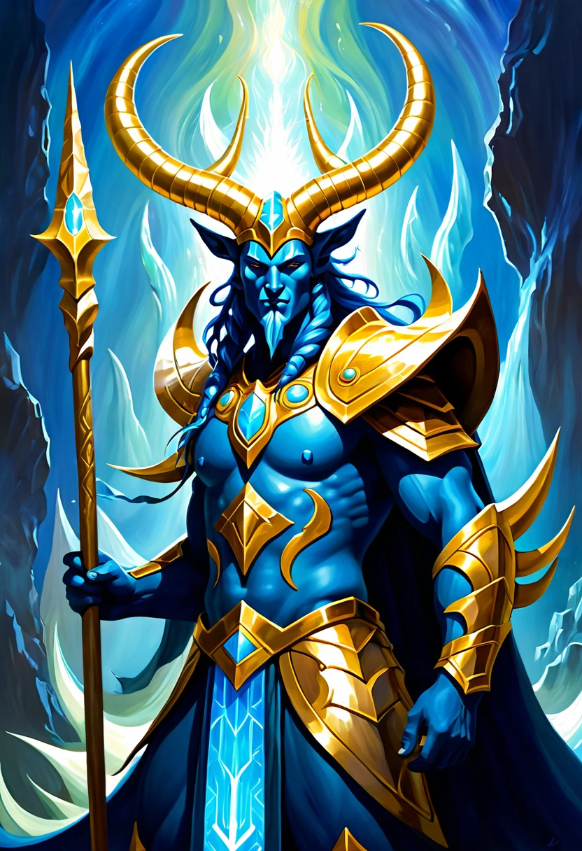 Atlantean warriors,Hedra, emerges as a luminary creature with golden horns and magical power, like a master craftsman painting on a canvas, with a paint brush