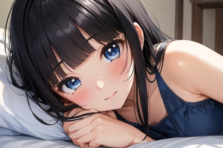 masterpiece、Highest quality、1 female、Very detailed Black Hair、Blunt bangs blue eyes、Detailed depiction of the eyes smile、blush Tank top Face is close、Face close-up、Bring your face closer Sheetに寝転がる、Lie down Sheet