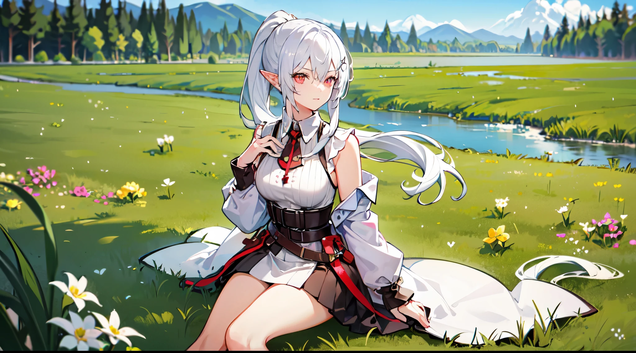 a girl, white hair, yellow color eye, elf, Mid Chest, Long ponytail hairstyle, Adventure theme, View of the star, sitting in the grass, river