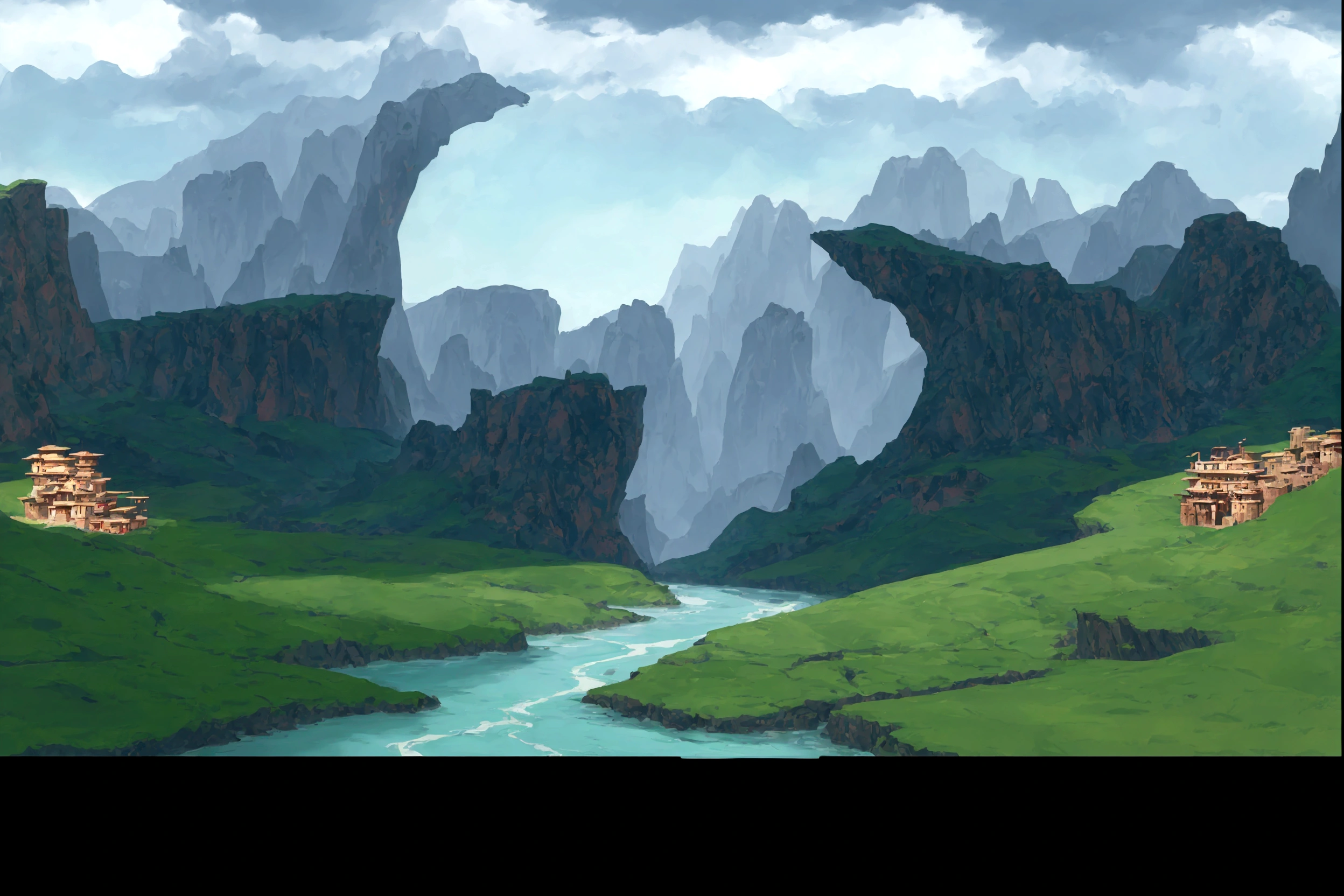 cartoon scene of a river running through a valley with mountains in the background, background art, background artwork, canyon background, random background scene, scenic background, landscape background, 2 d game art background, epic background, rocky environment, an epic landscape, distant village background, 2d game background, some mountains in the background, scenic environment, mountainous background, game background