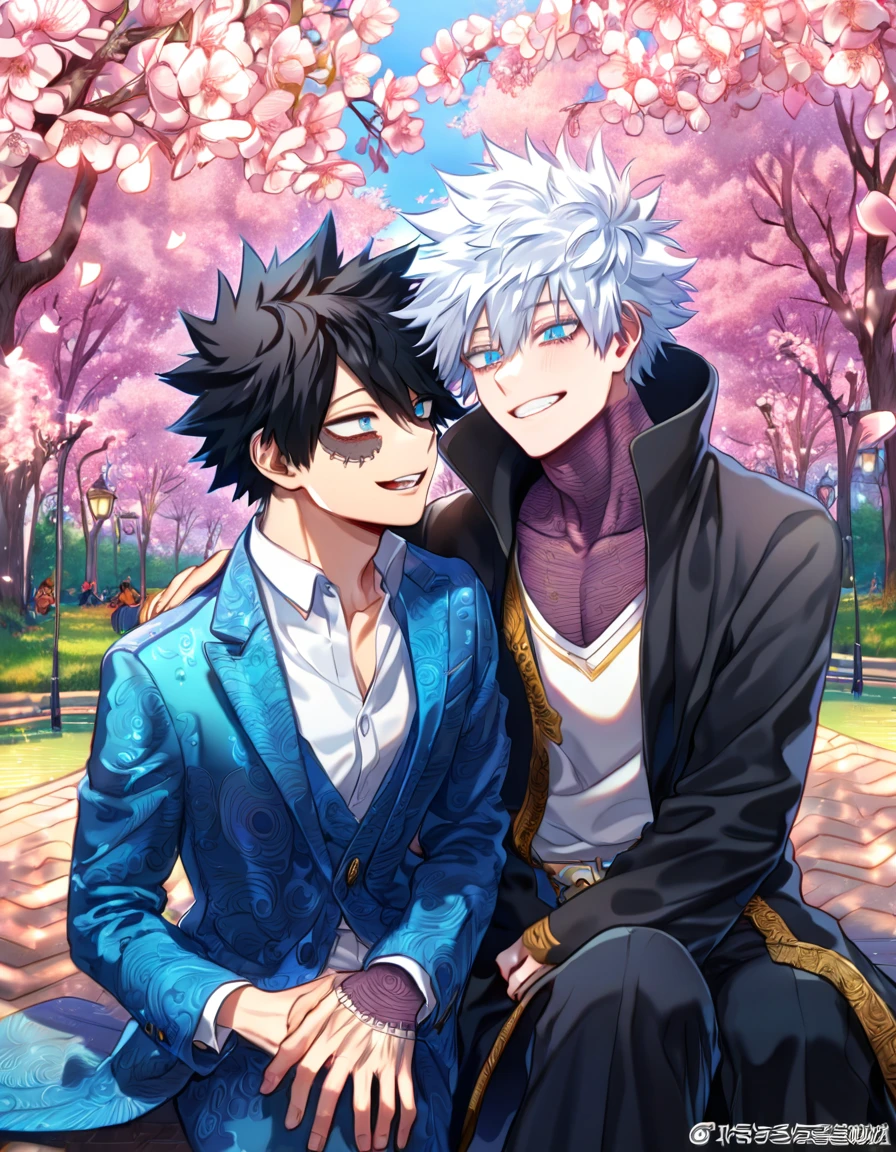absurdres, highres, ultra detailed, HDR, master piece, best quality, extremely detailed face, delicated features, Dabi, black hair, expressive turquoise eyes, Boku No Hero Academia, Gojou Satoru, white hair, expressive blue eyes, white eyelashes, two sexy men sitting together, yaoi, gay couple, handsome, smiling, blue jacket with fur, black coat, fantasy, magical, blossoms, pink flowers, pink butterflies, park